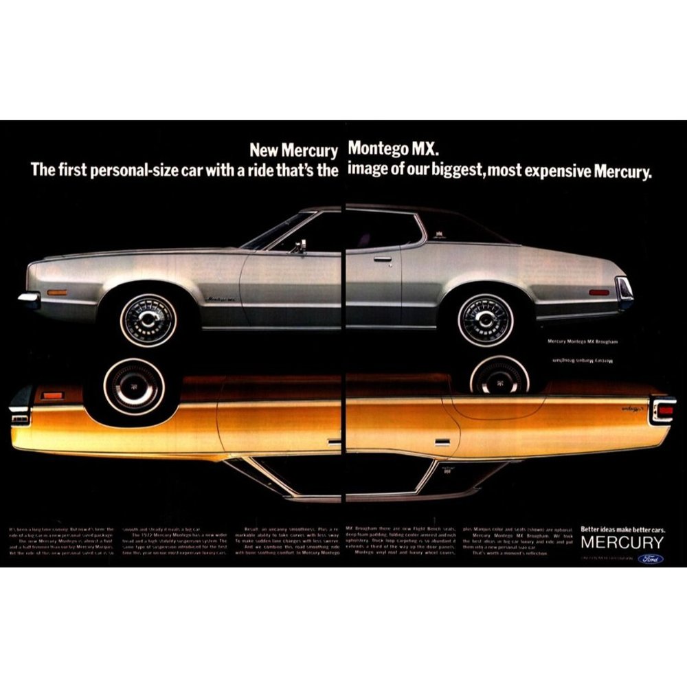 1972 Mercury Montego MX and Marquis Brougham 2 Page Vintage Print Ad Wall Art